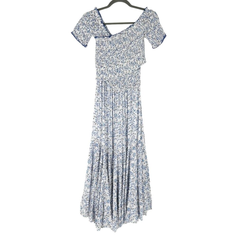 NWT Poupette St Barth Soledad Off Shoulder Smocked Midi Dress Blue Floral